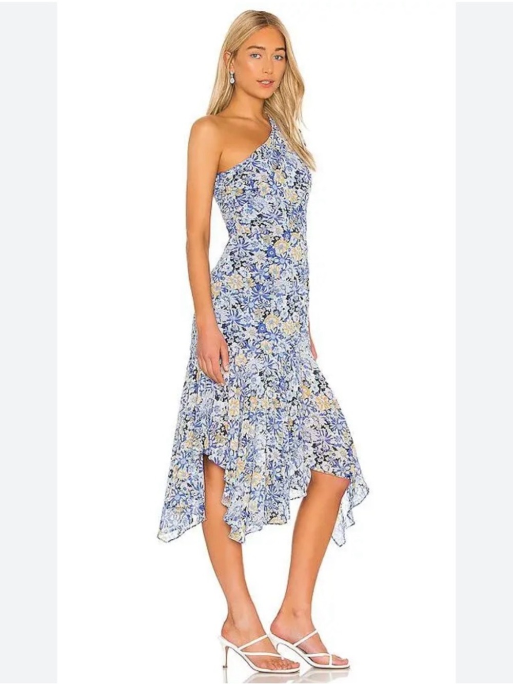 ASTR The Label Blue Floral Santorini One Puff Sleeve Shoulder Midi Dress Size XS - Picture 2 of 14